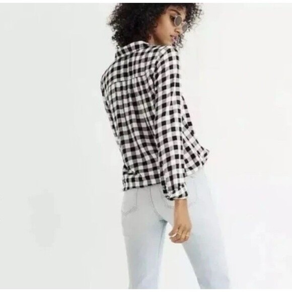 Madewell Buffalo Check Plaid Wrap Front Shirt Size Small Black White - Picture 4 of 13